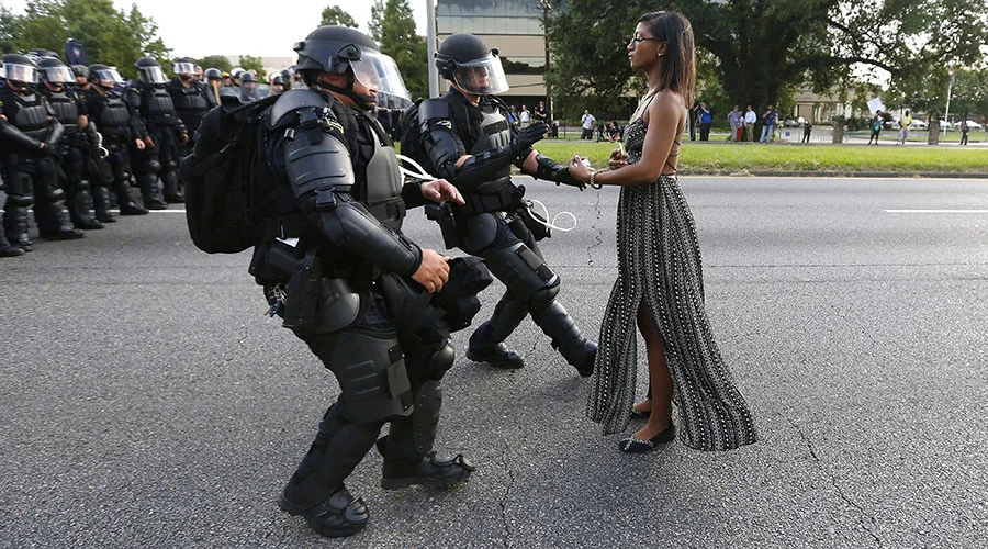 Ieshia Evans protesting in Baton Rouge. Photograph: Jonathan Bachman/Reuters
