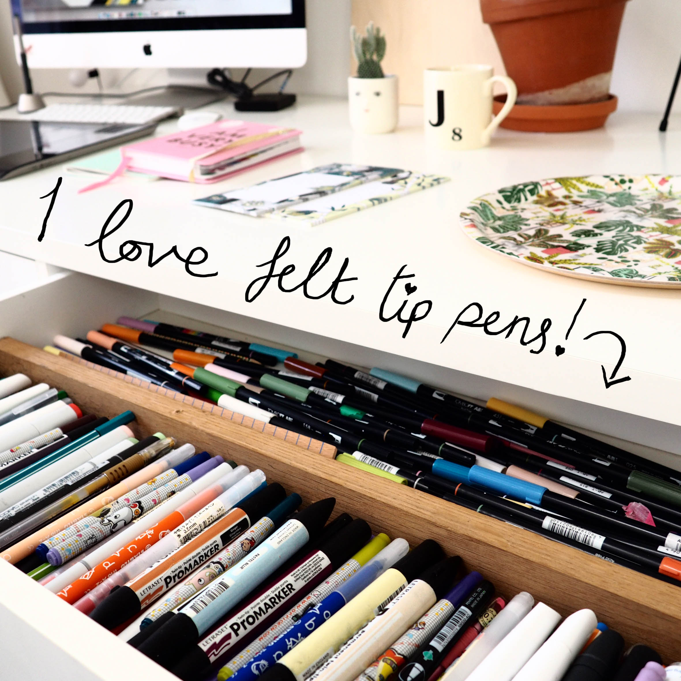 Here is my now not so secret stash of felt tip pens, I do all my drawing with felt tips I was obsessed as a child and had a massive collection and I haven’t grown out of it! Faves include Tombow and Copic Sketch among others!
