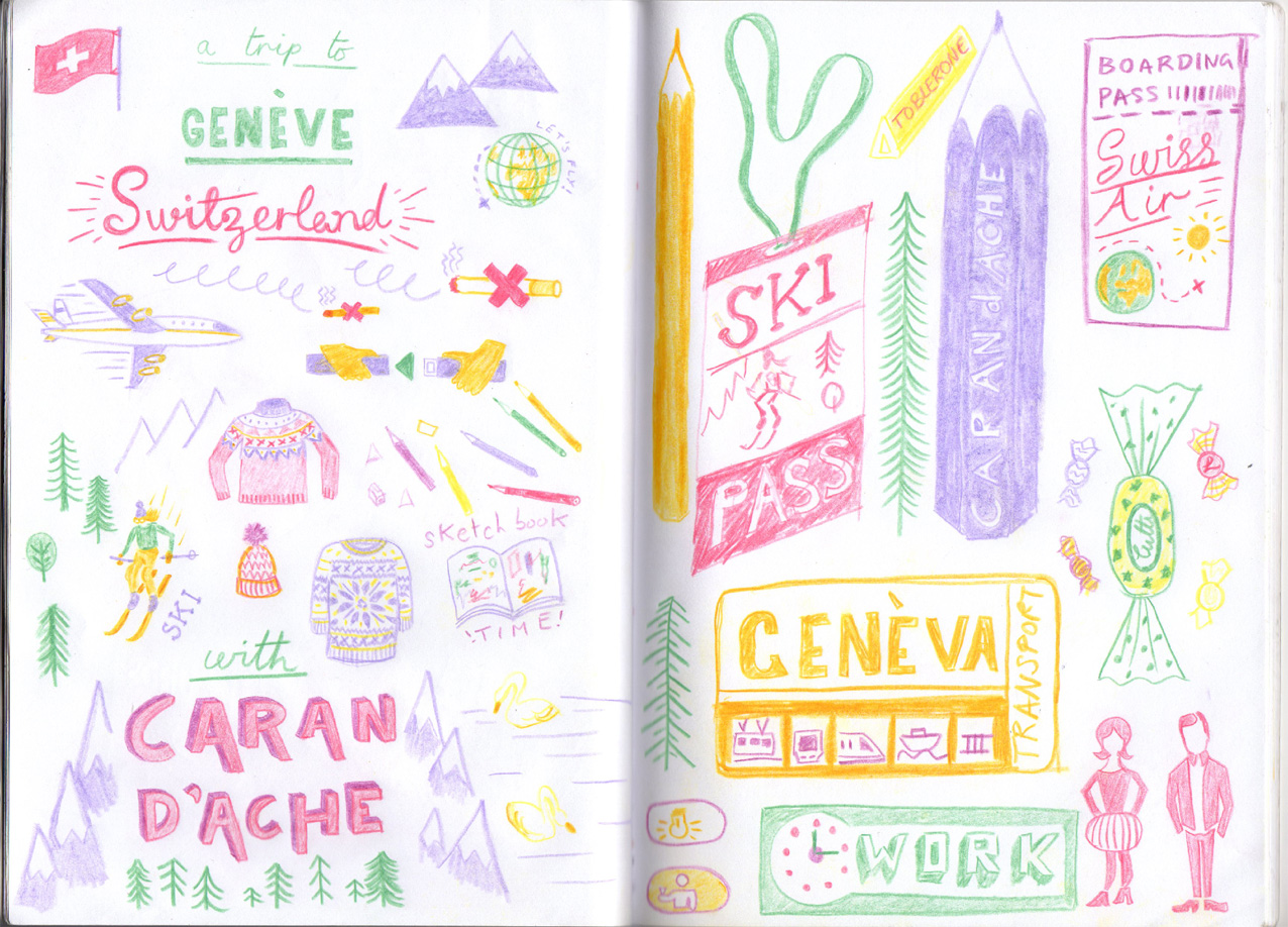 Here is the sketchbook spread that I was working on while on the trip! This is all drawn using Supracolor Soft pencils!