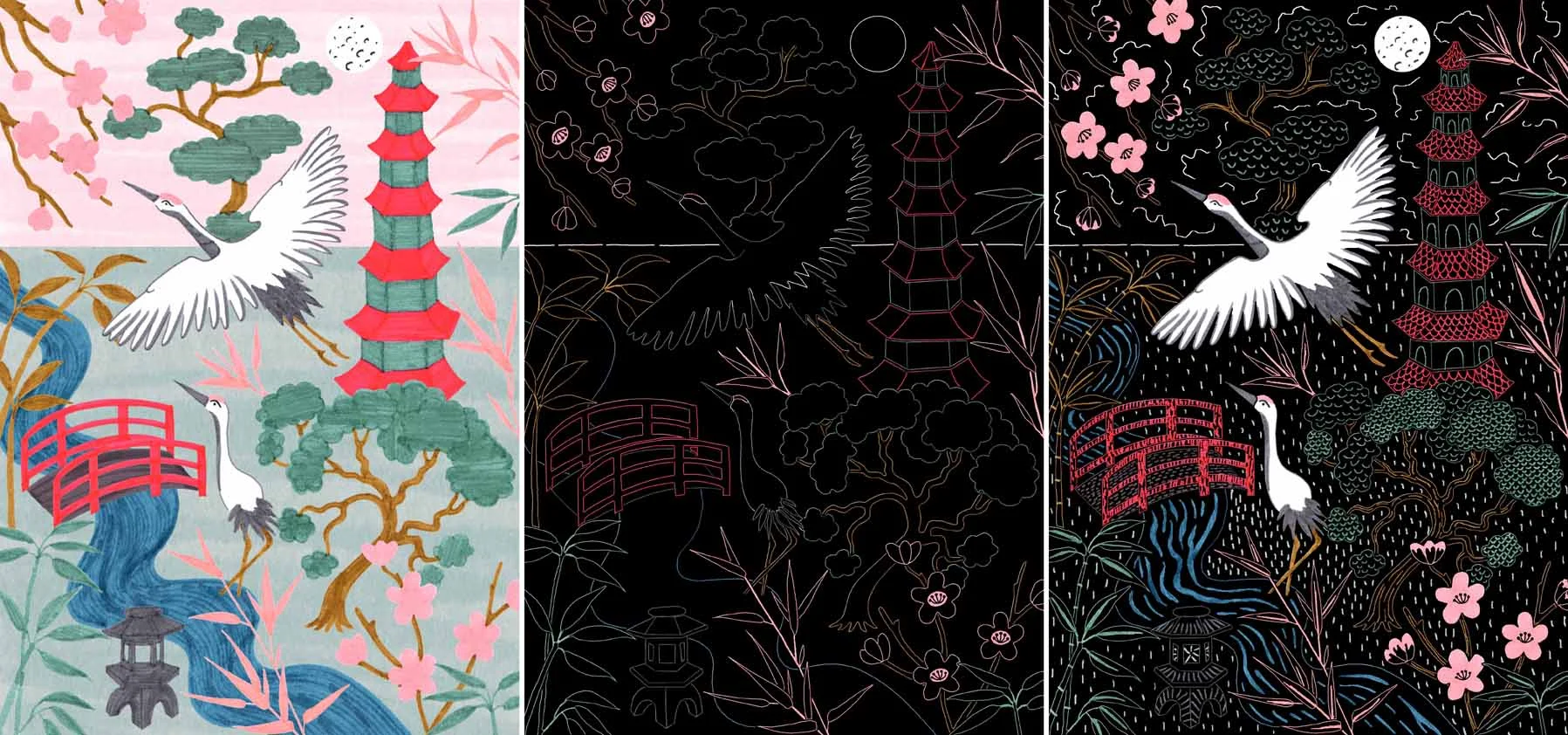 Colour & shapes layer, Black print layer and finally the etched design!
