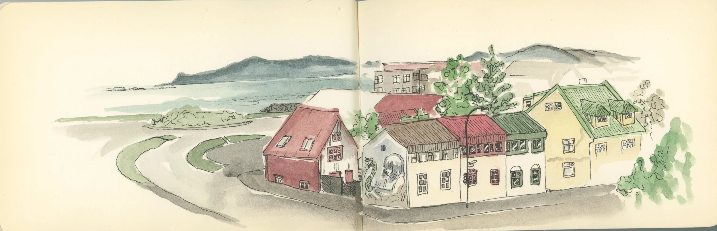 View from the kitchen window, Hringbraut 115 | Watercolor and Micron in 3.5x5.5 inch Handbook | Having my Cheerios in the morning to a view of the North Atlantic, Esja, and local art.