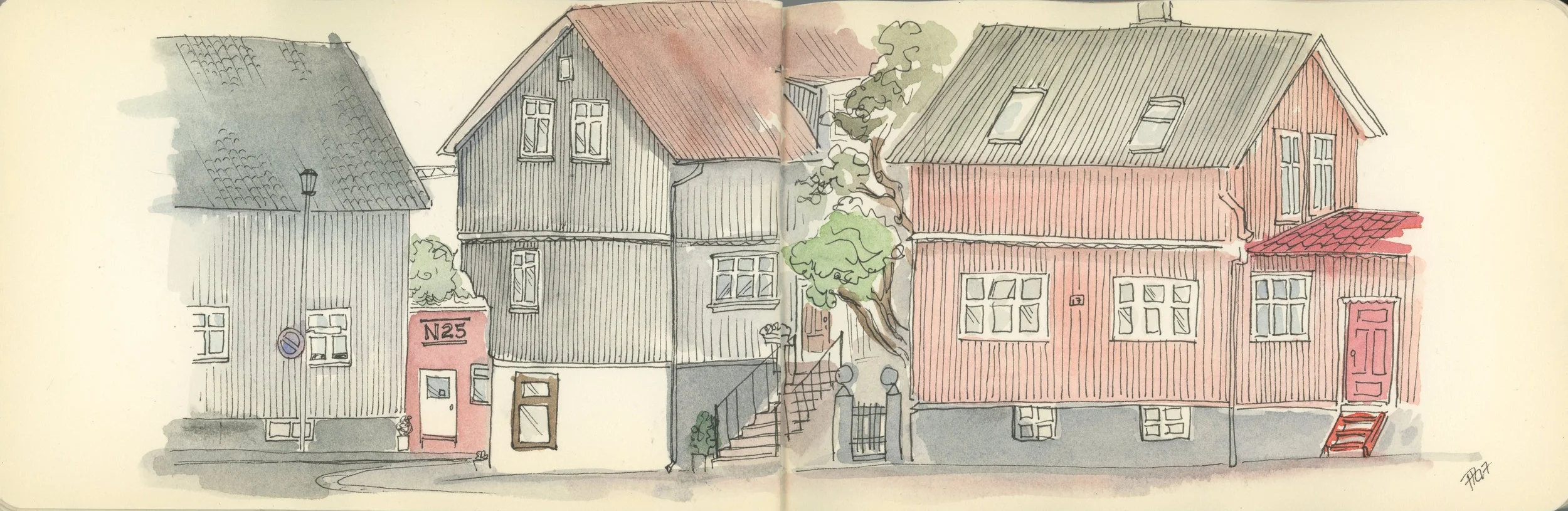 The coral house near Karastigur | Watercolor and Micron in 3.5x5.5 inch Handbook | Coffee shop view of the classically Nordic houses of Reykjavik.