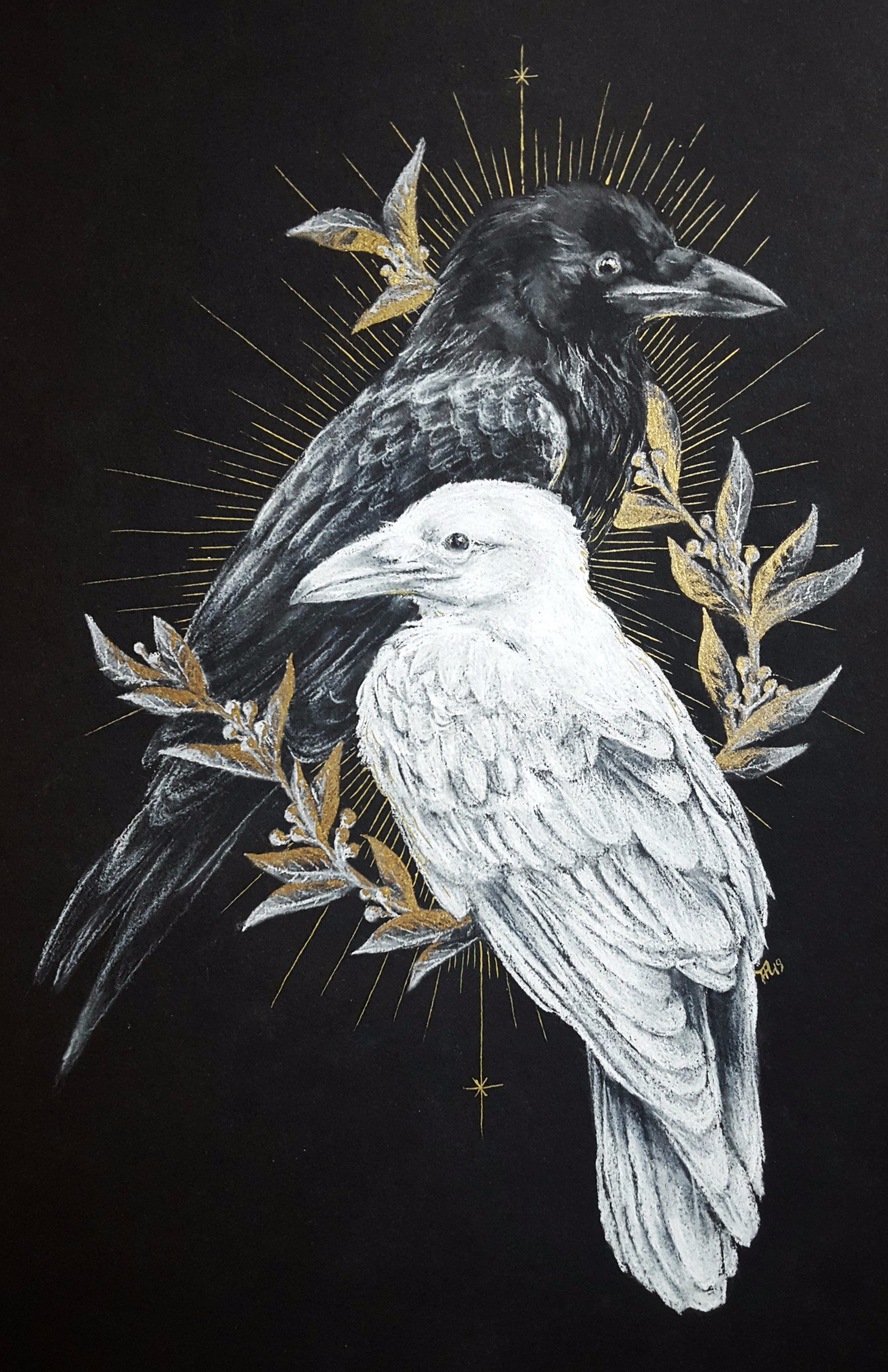  Huginn and Muninn, Odin’s Ravens. Symbol of my multi-year Iceland journey. Charcoal, gold ink.  