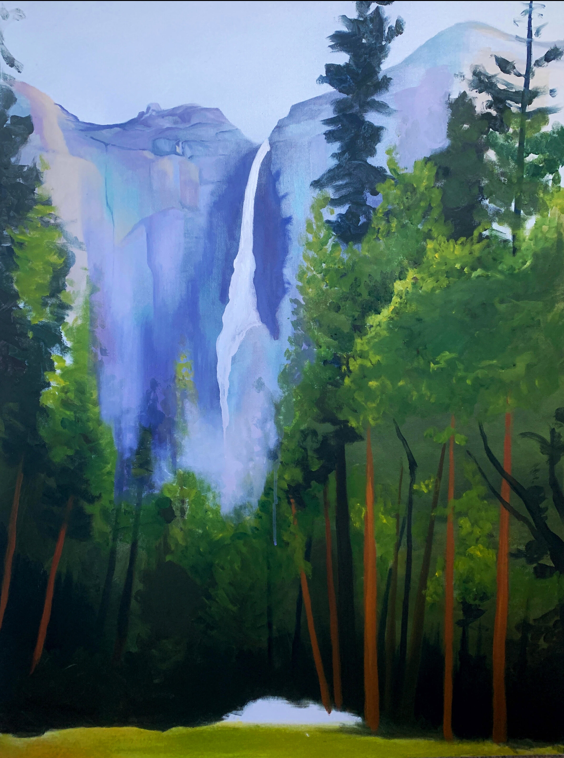  Yosemite Falls oil painting in progress. California, USA.  