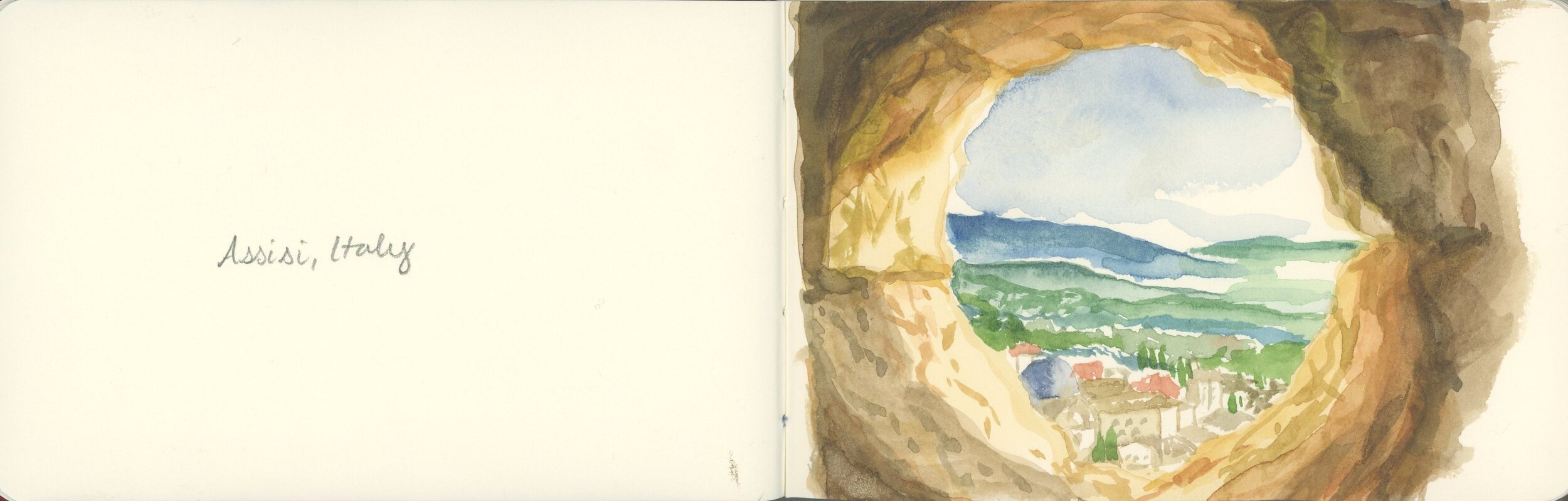  Fortress view in Assisi, Italy. Watercolor.  