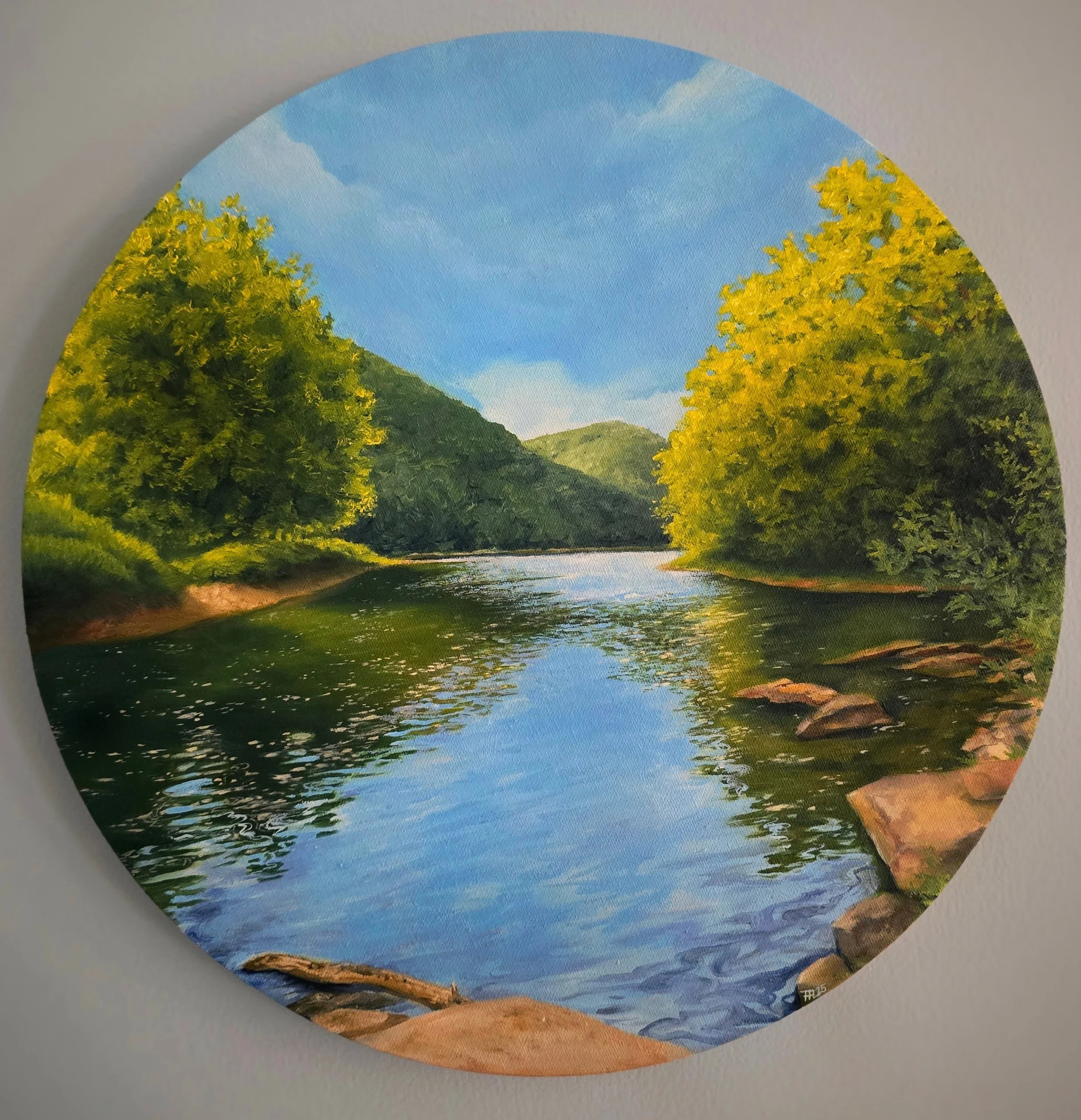Allegheny Summer View | Oil on 16 inch diameter round canvas | View from childhood, the perfect time of day in summer, just after swimming.