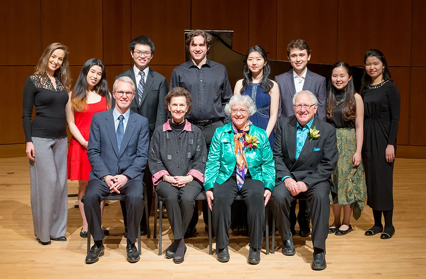 Back row, left to right: Contestants Evgenia Rabinovich, Sarah Tang, Aydan Con, Benjamin Hopkins, Shirley Cha, Thomas Pantea, Ayunia Saputro, Irene Setiawan. Front row, left to right: Jury members David Vandereyk and Robin McCabe, and patrons Ellen Silverman and Robert Silverman. Photo credit: Takumi Hayashi/UBC School of Music