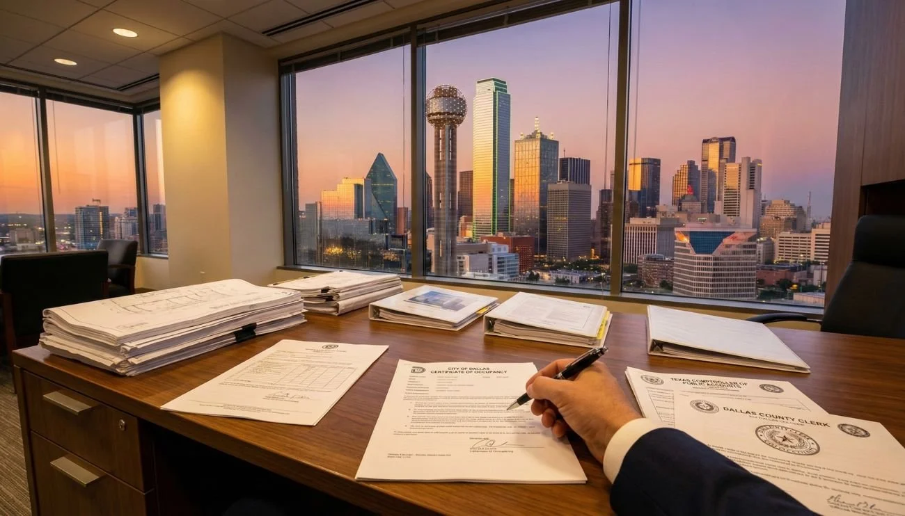 A desk covered with liquor license applications, including a City of Dallas Certificate of Occupancy, with the Dallas skyline visible outside an office window
