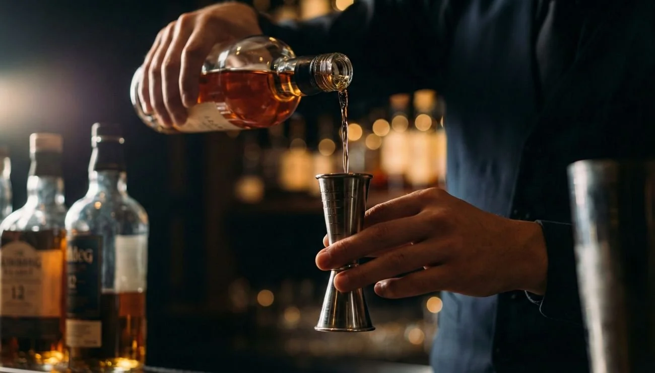 Close-up of a professional bartender using a metal jigger to measure a precise amount of liquor for a cocktail.