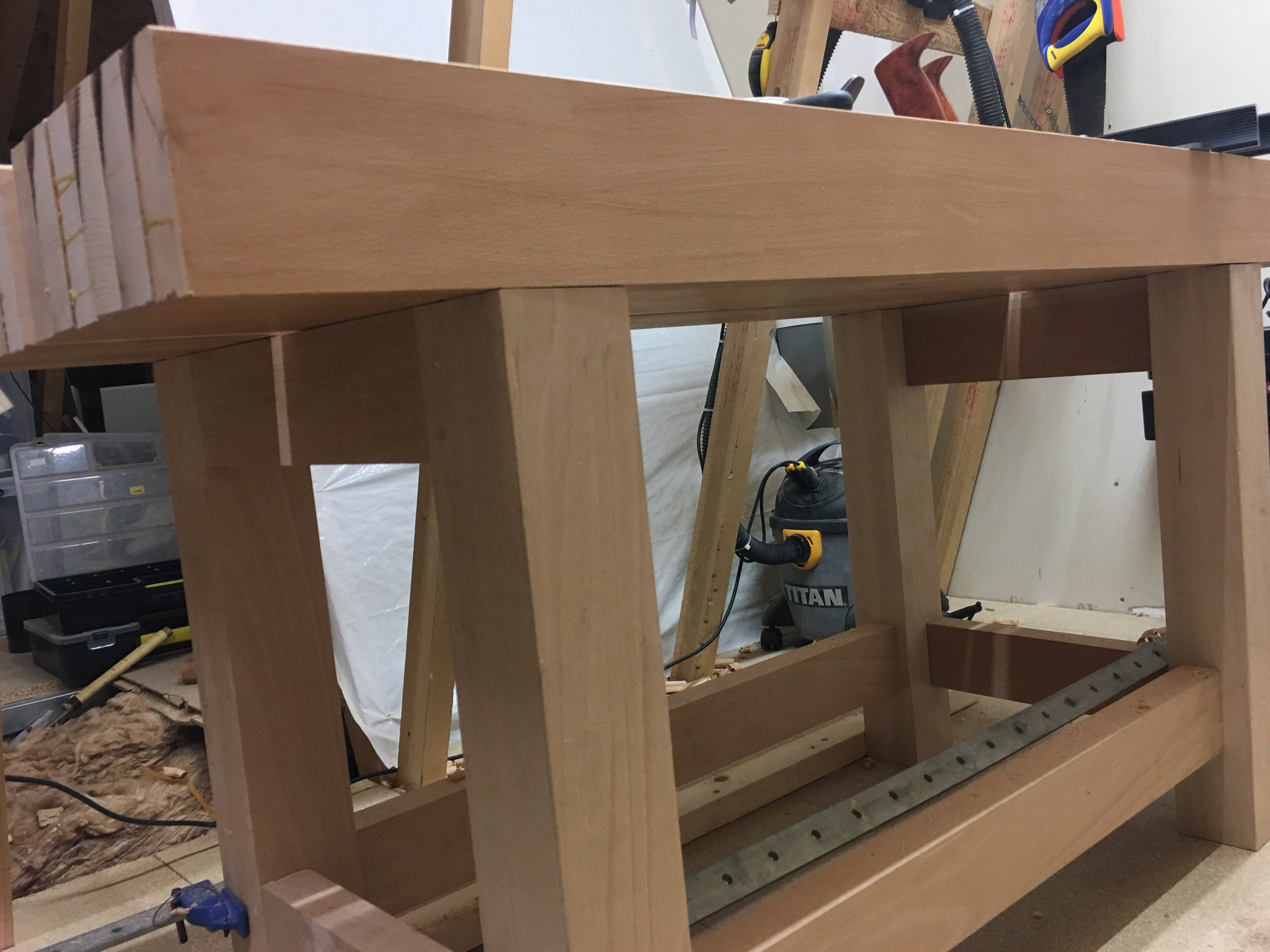 Front of the bench, still needs planed flush with the legs.
