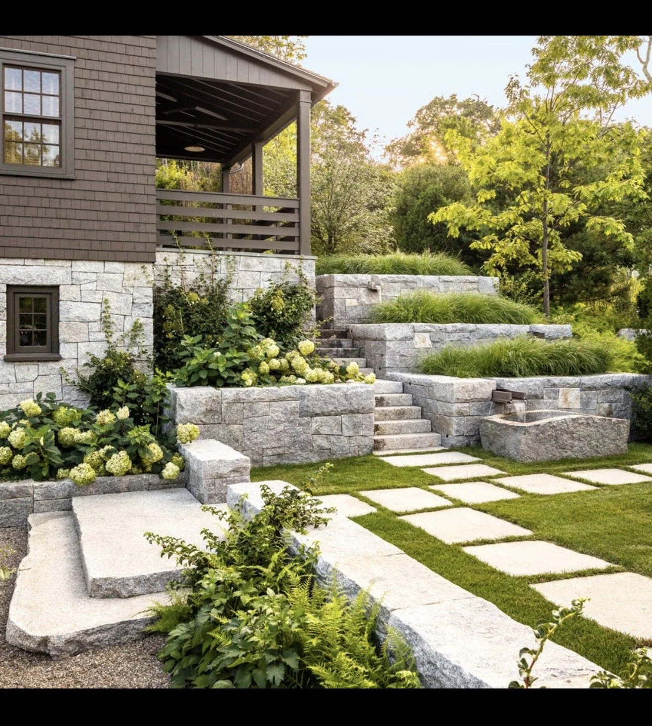 Landscaped backyard with stone steps, retaining walls, lush greenery, blooming hydrangeas, and a house with a covered porch