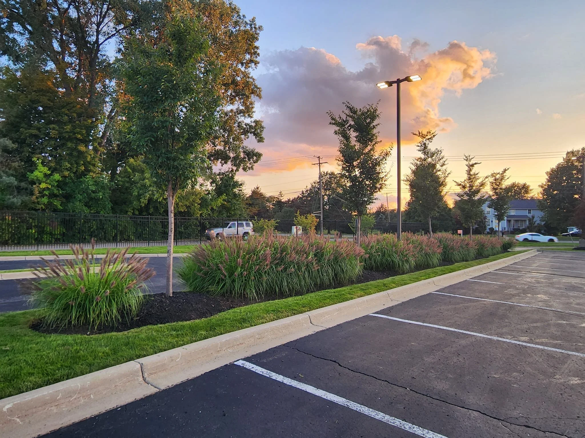A parking lot with painted parking spaces, surrounded by neatly trimmed grass and landscaped plants. Several trees line the area, and in the background, a few vehicles are visible. The sky is partly cloudy with a sunset casting warm colors, and a str