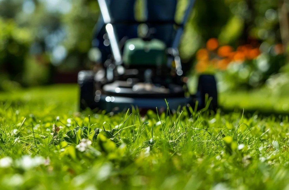 Close-up of grass in the foreground with a blurred lawn mower in the background.