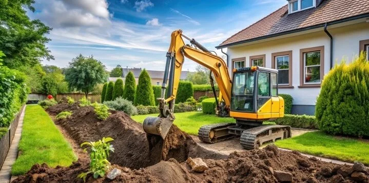 A small yellow excavator digging in a backyard garden by a house with a white exterior and brown roof. The yard has green grass, bushes, and trees.
