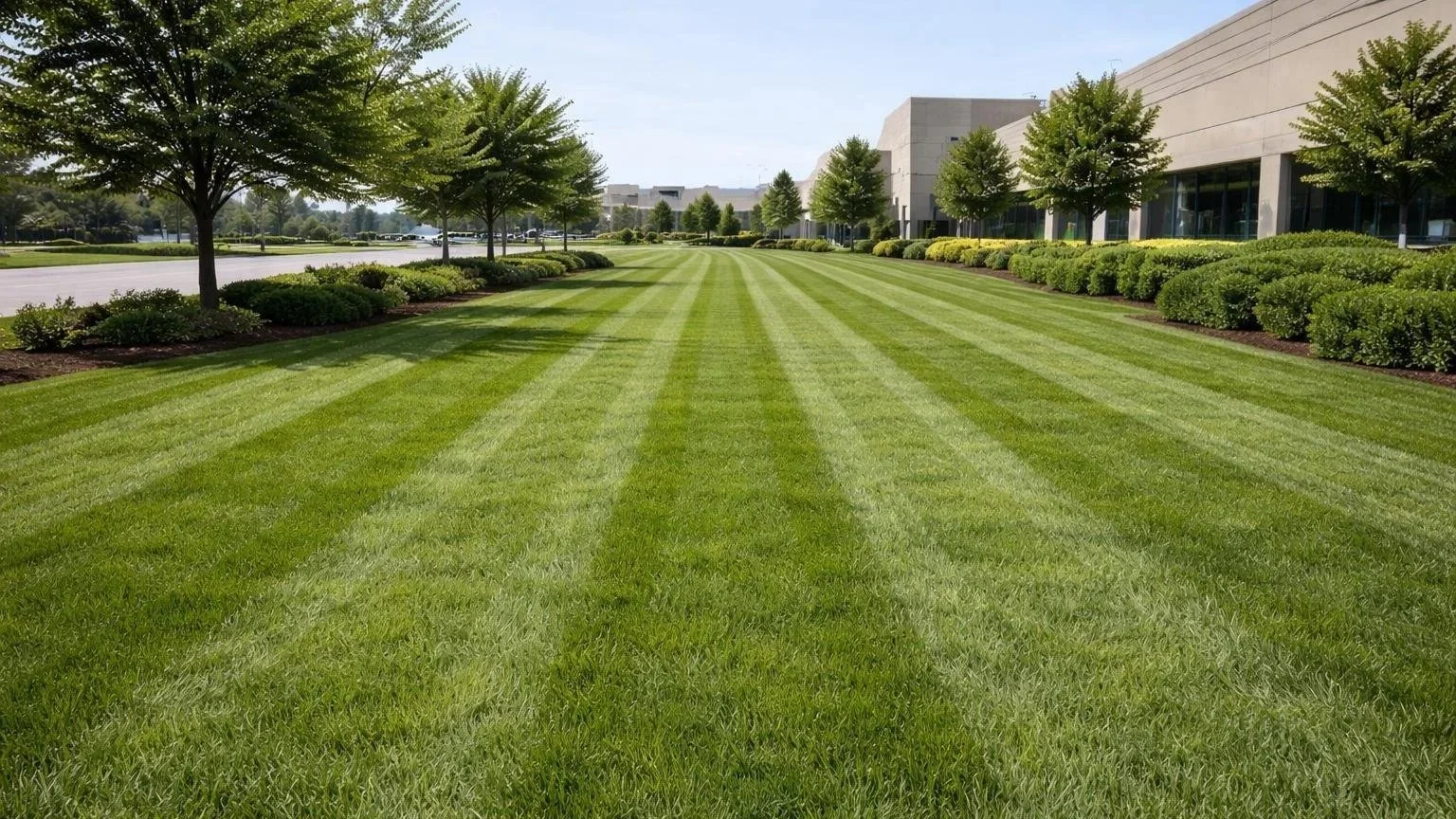 Well-manicured lawn with alternating light and dark green stripes, lined with trees and shrubs, in front of modern commercial buildings.