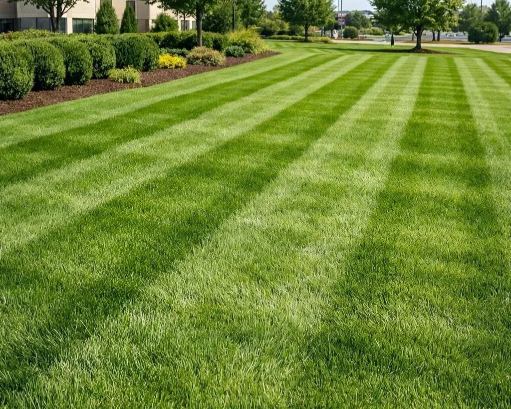 Well-maintained green lawn with striped grass and manicured shrubs and trees in the background.