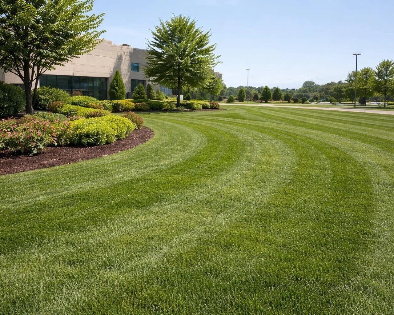 A well-maintained grassy lawn with curved mowing patterns, surrounded by trees and bushes, next to a commercial building with large glass windows, under a clear blue sky.