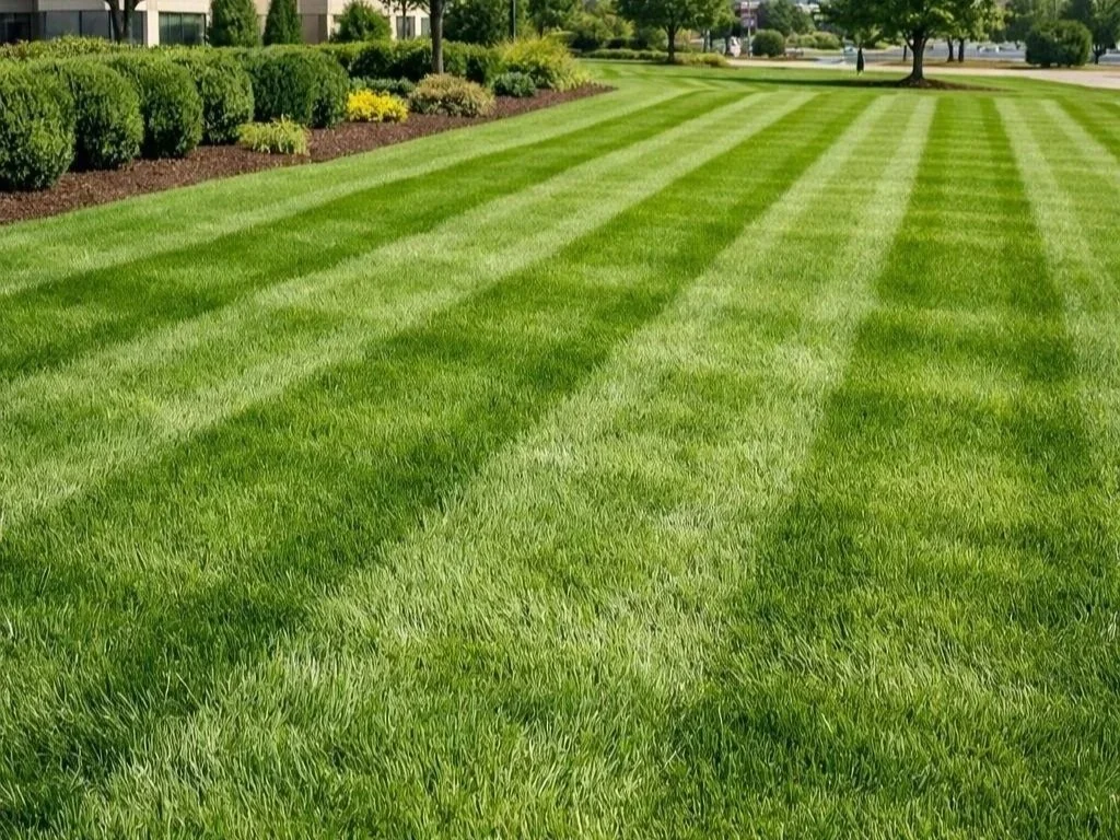 A well-maintained grassy lawn with alternating light and dark green stripes, bordered by bushes and trees in the background.
