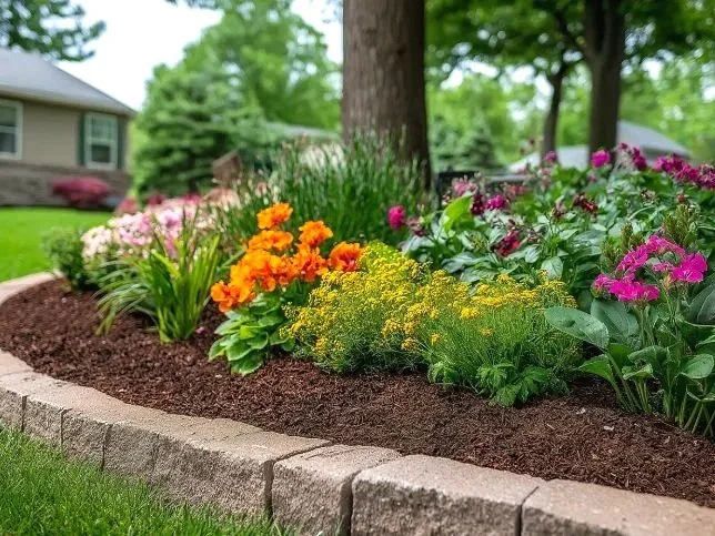 Colorful flower bed with pink, yellow, and orange flowers in a suburban yard, edged with bricks, with a house and green trees in the background.
