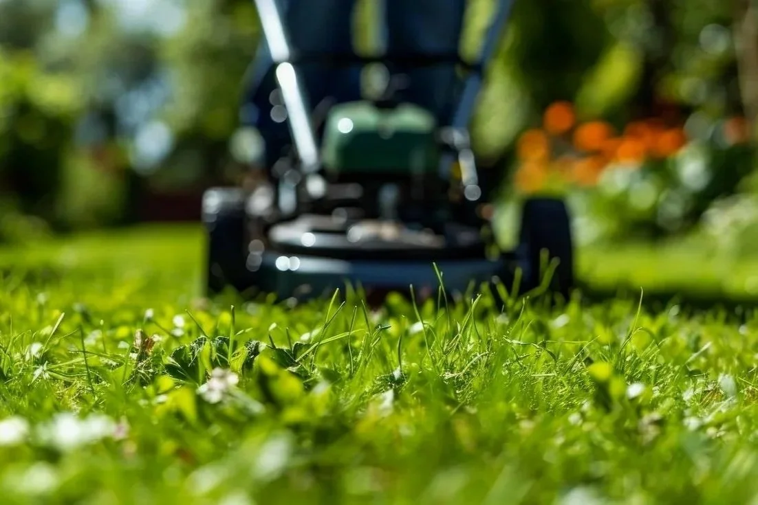 Lawn mower on grass with a blurred background of trees and flowers