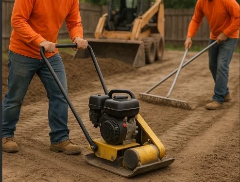 Two construction workers in orange shirts leveling and compacting dirt with a yellow plate compactor and a rake on a construction site.