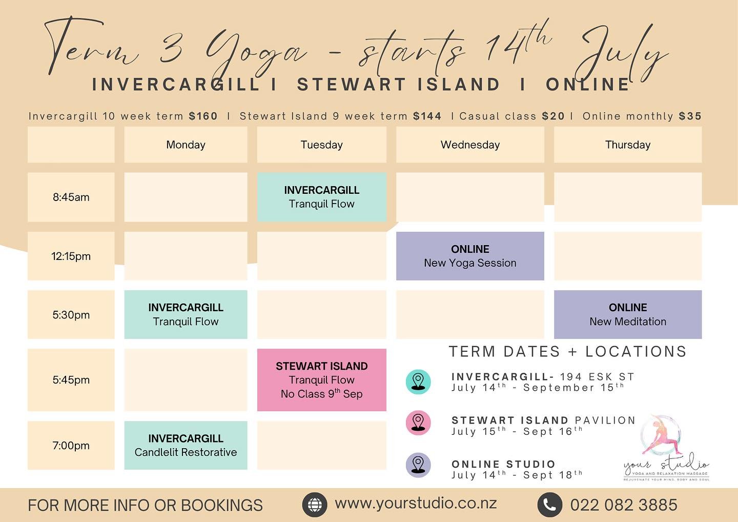 🧘🏻&zwj;♀️ TERM 3 YOGA 🧘🏻&zwj;♀️ 
Invercargill 🏙 Stewart Island 🏝 Online 💻 

Classes are now online for bookings 

Any questions, get in touch 

See you on the mat 
Bec x