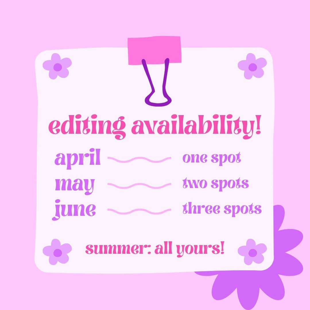 💖 If you have a book that needs editing, I have time for you! 💖

I have time for developmental editing, proofreading, or my line + copy editing combo!
All genres welcome!
.
.
.
I'm phasing out my waitlist, so you don't need to wait to book any of t