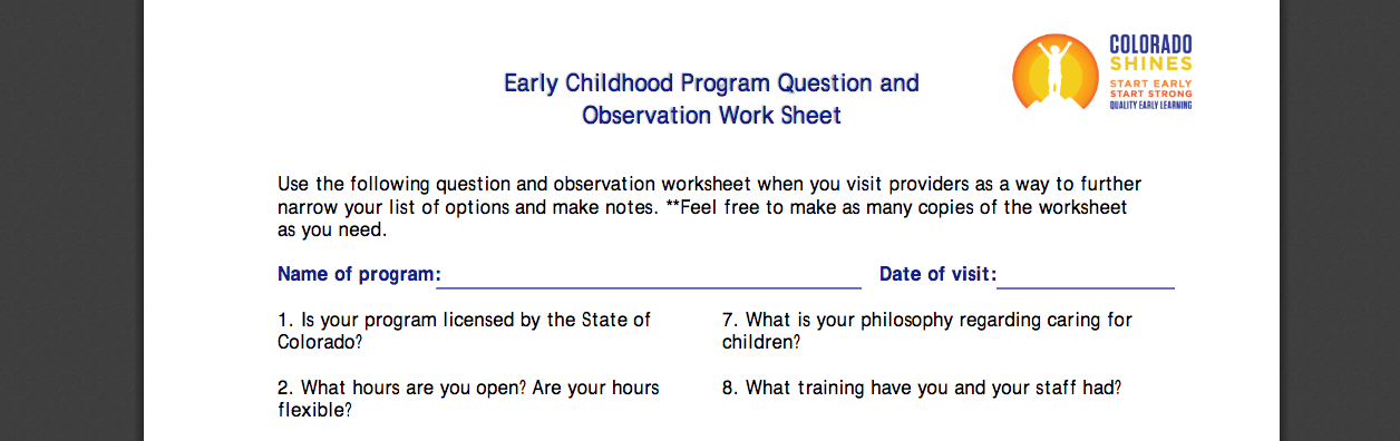 Early Childhood Program Question and Observation Work Sheet from Colorado Shines database search.