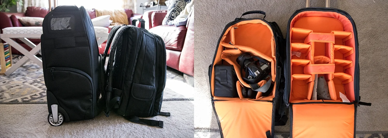 Comparison between the AmazonBasics dSLR laptop backpack and the convertible rolling camera backpack. 