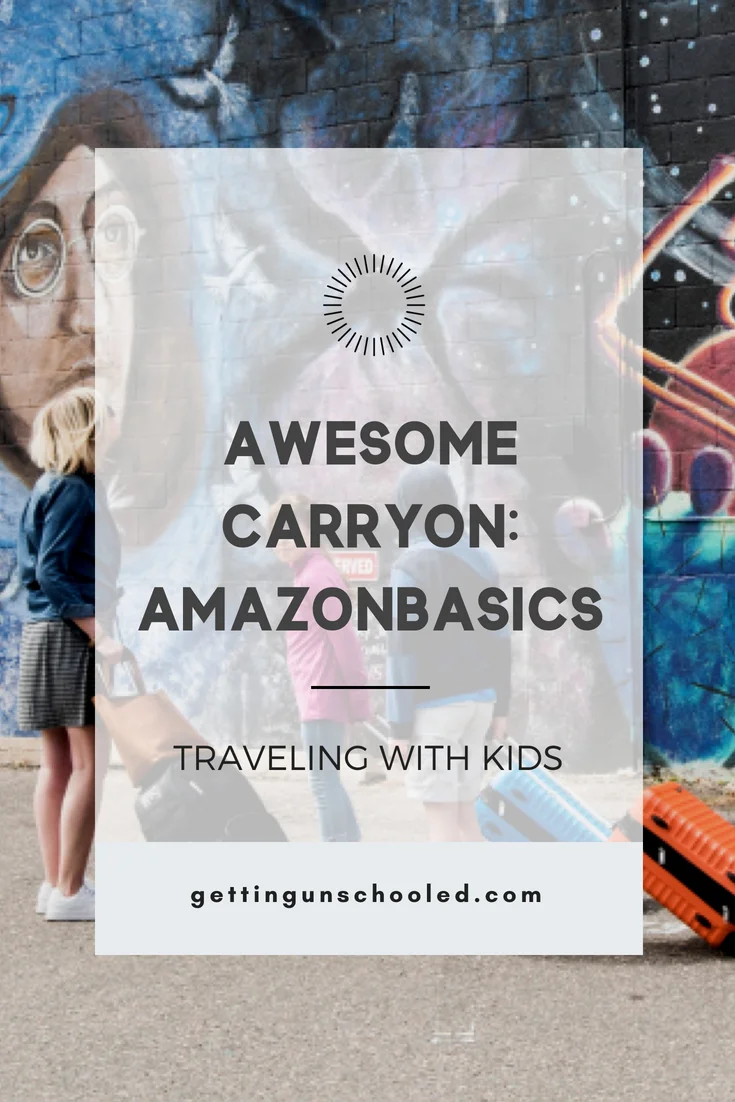 Looking for the best kids rolling suitcase? These AmazonBasics hard case carryons are lightweight spinners for under $50! We love them for traveling with the kids. More info and photos on the blog today! #amazonbasics #travelingwithkids #traveltips #roadschooling