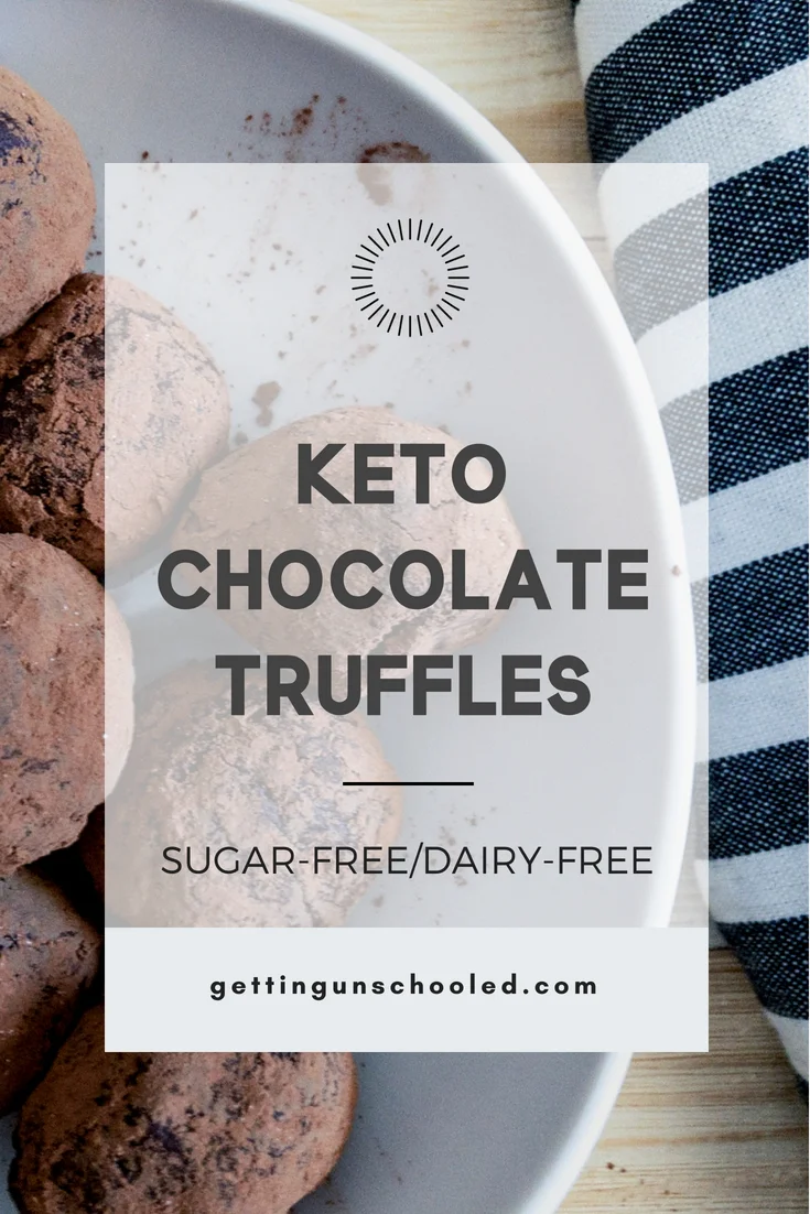Keto chocolate truffles--two ways! Coconut cream can be replaced with smashed avocado to make a smooth and healthy chocolate truffle! Only three ingredients and sugar-free! | Getting Unschooled | #ketodiet #lowcarb #paleo #ketodesserts