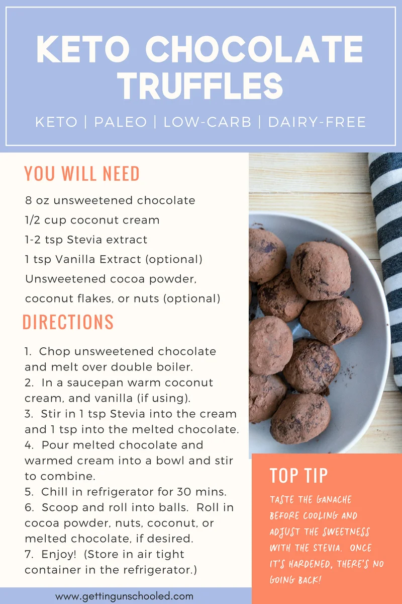 Look for a fat bomb that will also satisfy your sweet tooth? These Keto Chocolate Truffles will do the trick! Only three ingredients and so easy to make! | Getting Unschooled | #keto #ketodiet #fatbombs #lowcarb #paleo #dairyfree