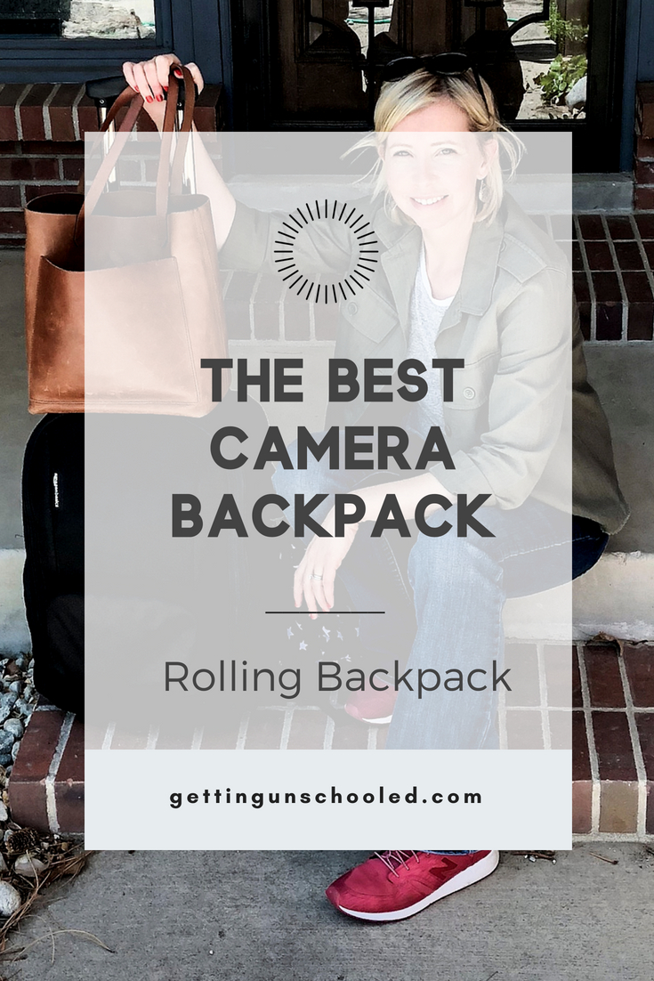 Here's my honest review of the AmazonBasics Convertible Rolling Camera Backpack - my favorite camera backpack to date! I've used this bag on 8 flights since I got it in January and it's a keeper! There are many more pros than cons, but I take you through them all in the post. #traveltips #travelhacks #travelgear #camerabackpack #dslr #amazonbasics | GettingUnschooled.com