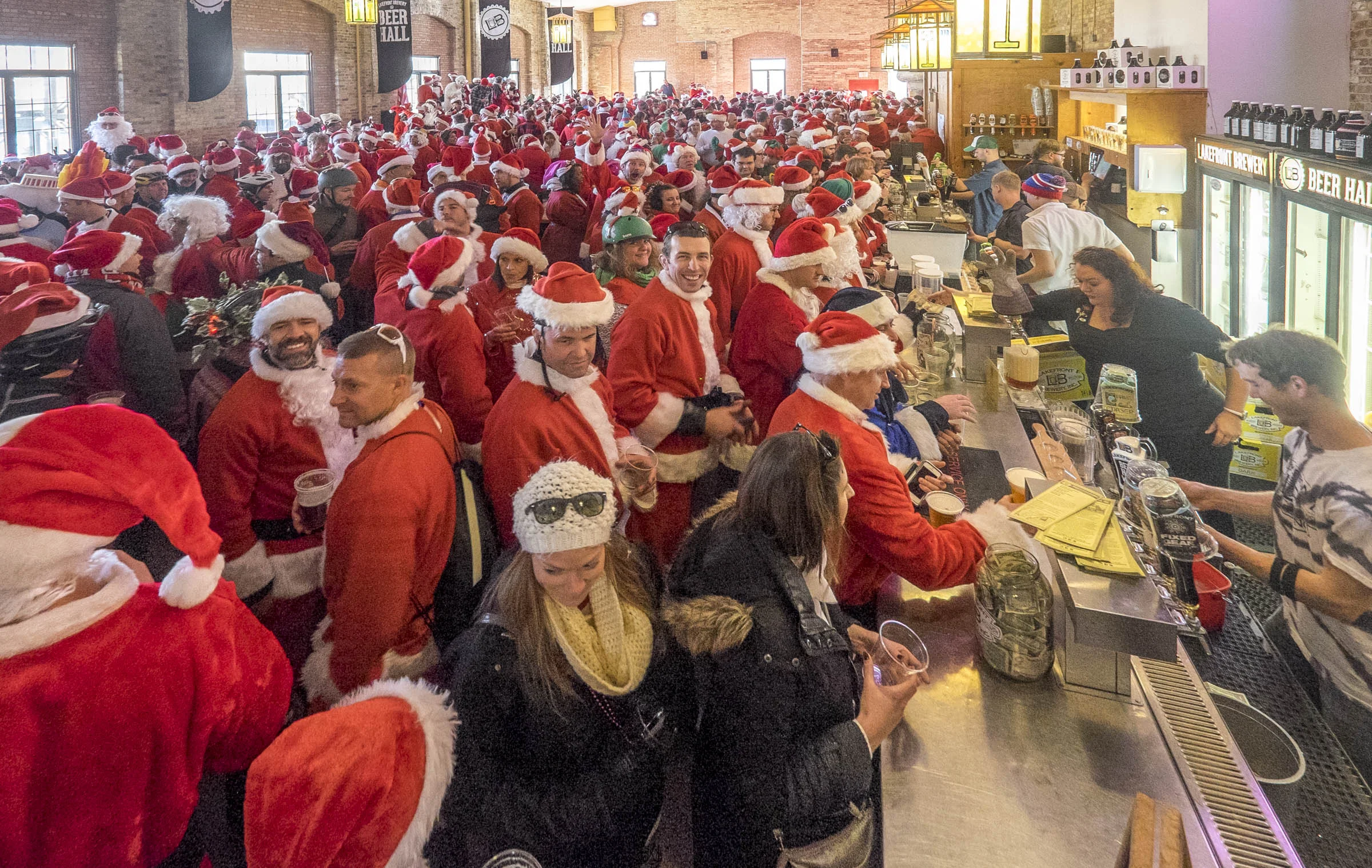 the santa rampage bike ride makes an annual stop at Lakefront brewery in milwaukee