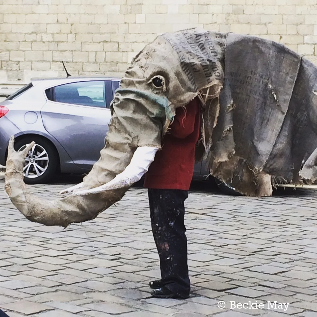 Me! - sporting one of the finished elephant heads.