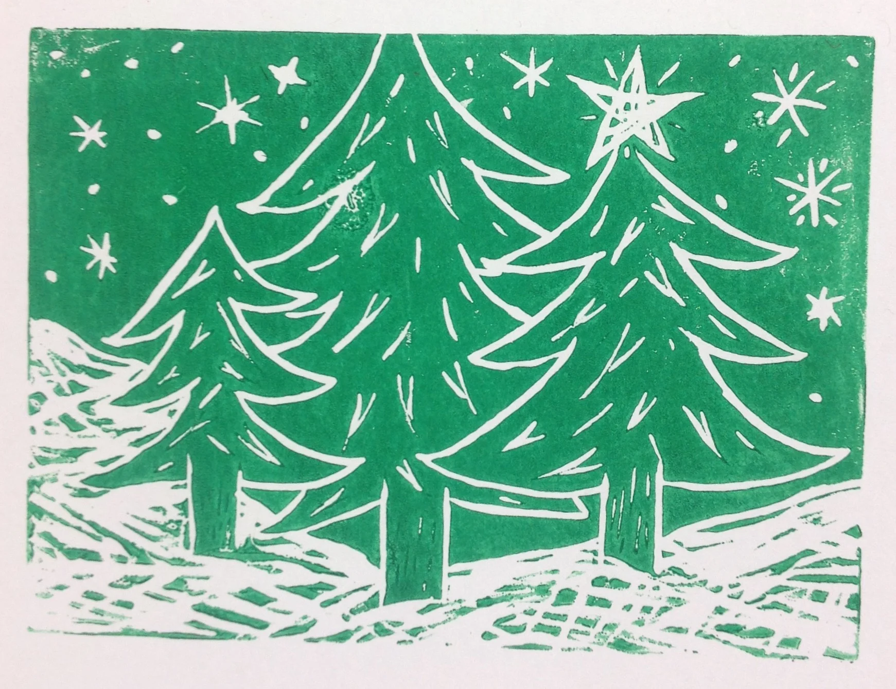 Lino print Xmas trees