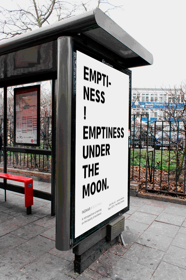 Compelling script excerpts, epitomising the duality of Bergman’s existential discourse, are juxtaposed with lenticular printing techniques. As viewing angle shifts, the message morphs into its contradicting counterpart. Seen straight-on, letterforms echo the poster typeface and screening details are fully revealed.