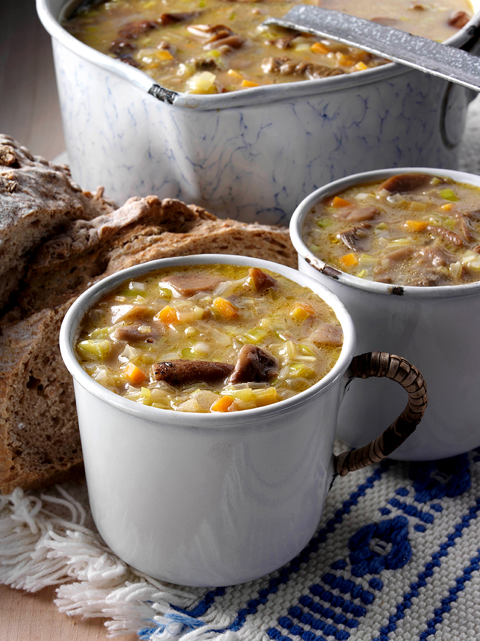 Mugs of Polish mushroom soup