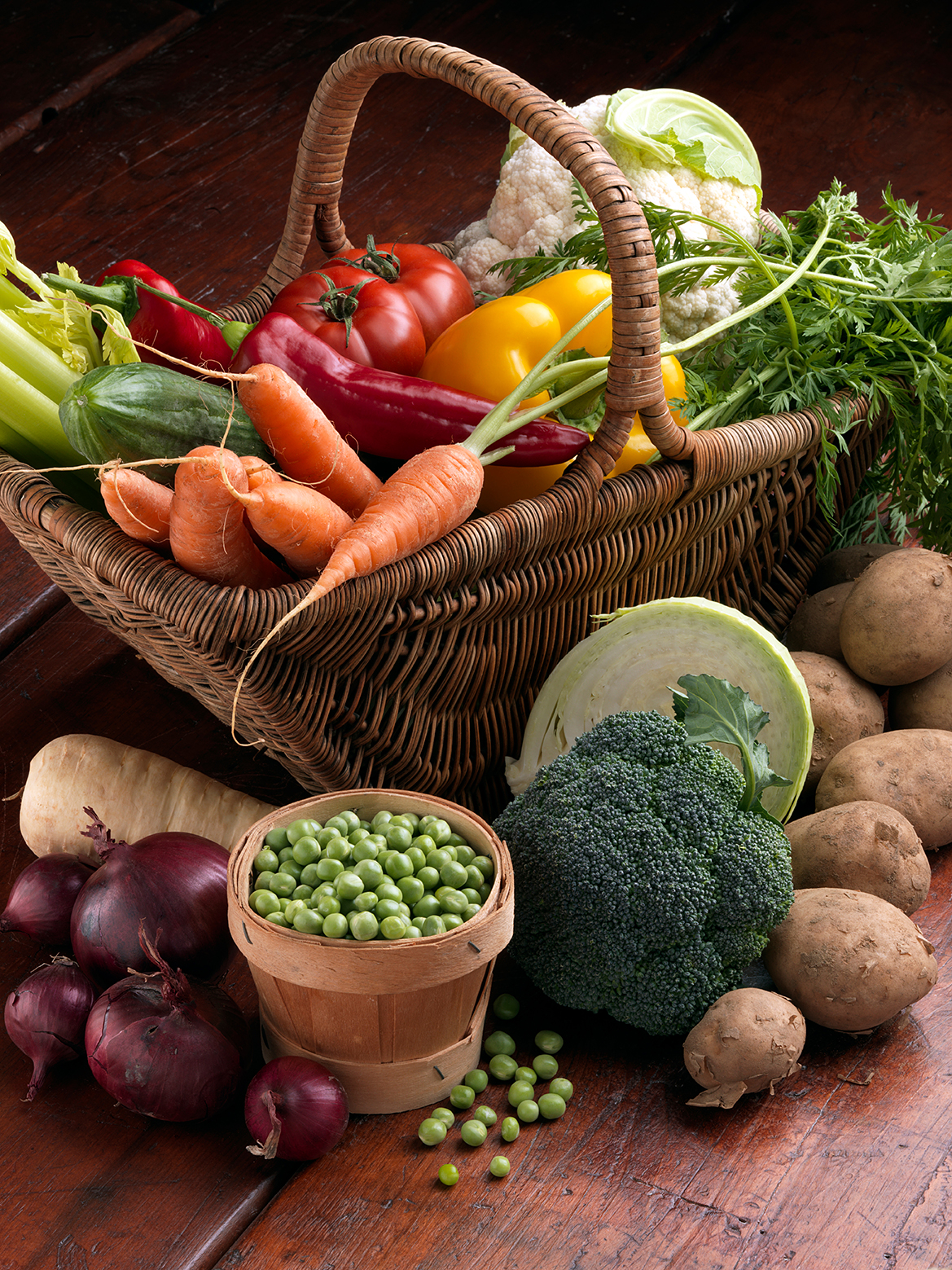 Wicker basket of fresh vegetables