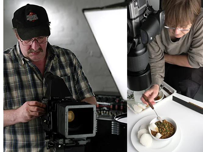 Tim using the Fuji GX680 and Zoe styling food beneath the Hasselblad