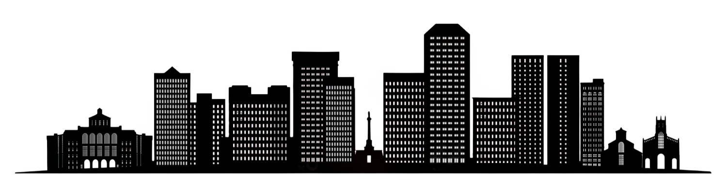 Silhouette of a city skyline with various tall buildings and a monument in the center.