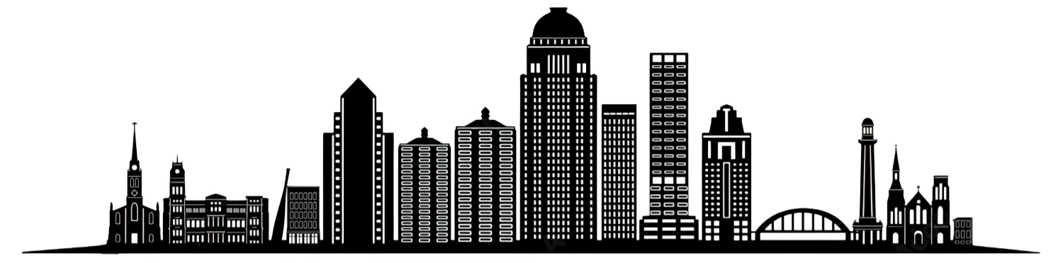 Black and white silhouette of a city skyline with various skyscrapers and landmarks.