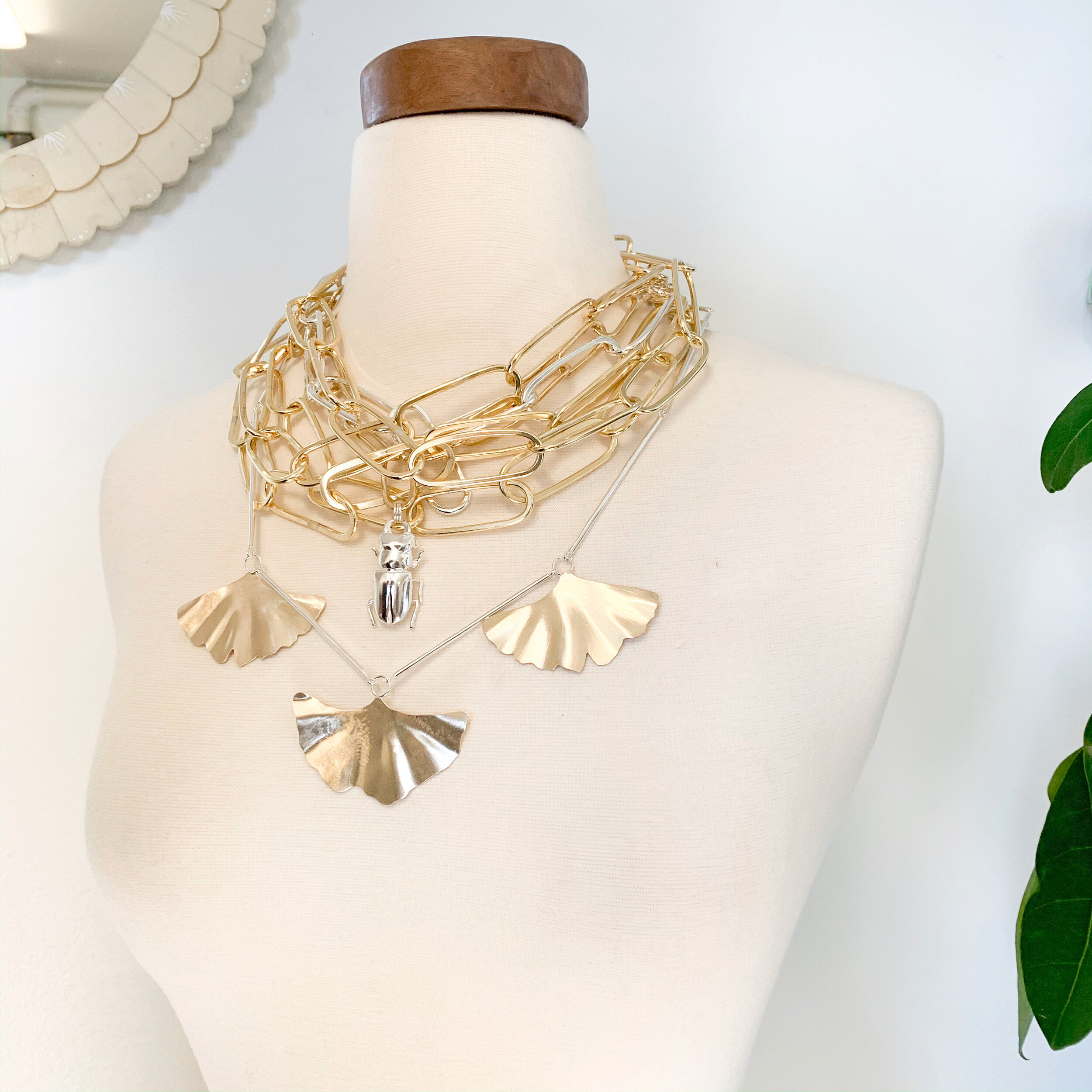 Layered Necklaces: Ginkgo, Stag Beetle, XL Brass Chains