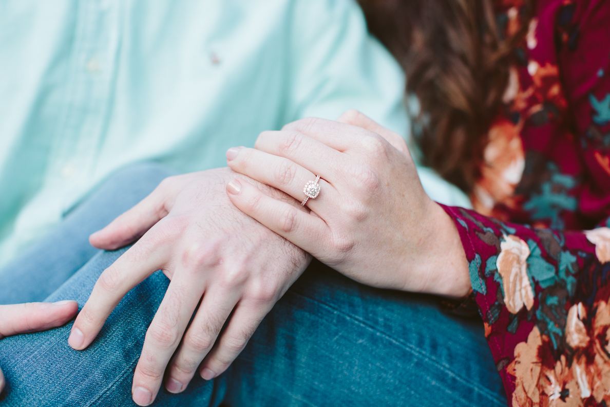 poses, couples, outdoor, Sequoyah hills, Knoxville, Tennessee, engagement, sunset, evening, love, vibrant, colorful, bright, creative, romantic, natural, light and airy, natural light, passion, inspiration, intimate, outfits, fountain, ring, hands