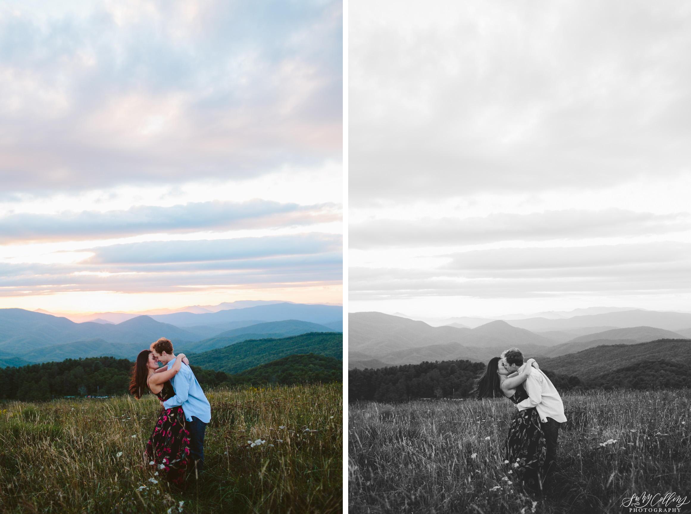poses, couples, outdoor, max patch, Knoxville, Tennessee, engagement, sunset, evening, love, vibrant, colorful, bright, creative, romantic, natural, light and airy, natural light, passion, inspiration, intimate, outfits, fountain, woods, field, sunrise, windy, North Carolina, kiss, black and white