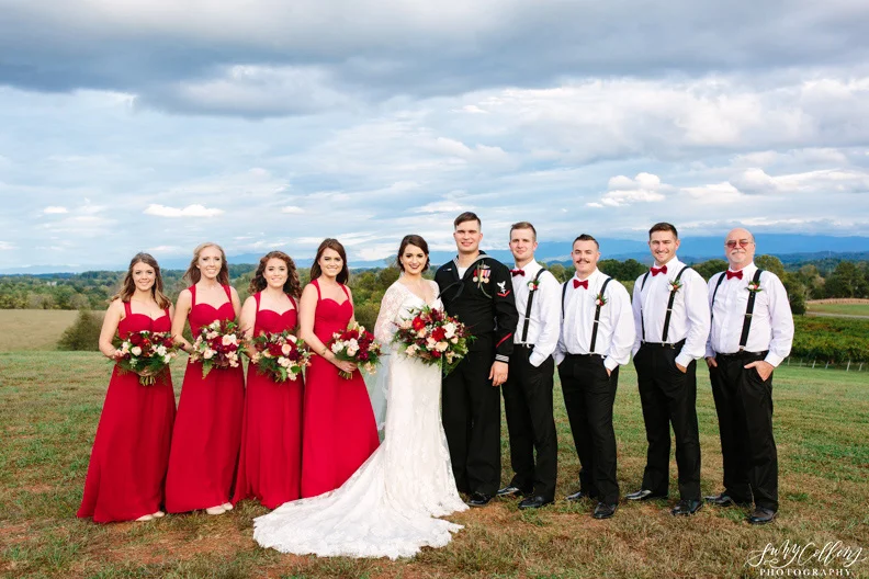 Red Bridal Party Fall Vineyard Mountain Wedding