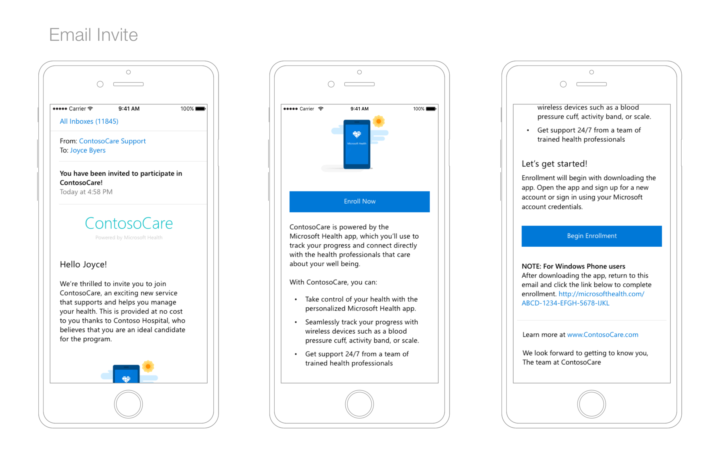  From the email invite,&nbsp;users are directed immediately to the Microsoft app download, kicking off the next phase of enrollment into their provider's program. We used color and messaging as cues to create a sense of seamless continuity to the flo