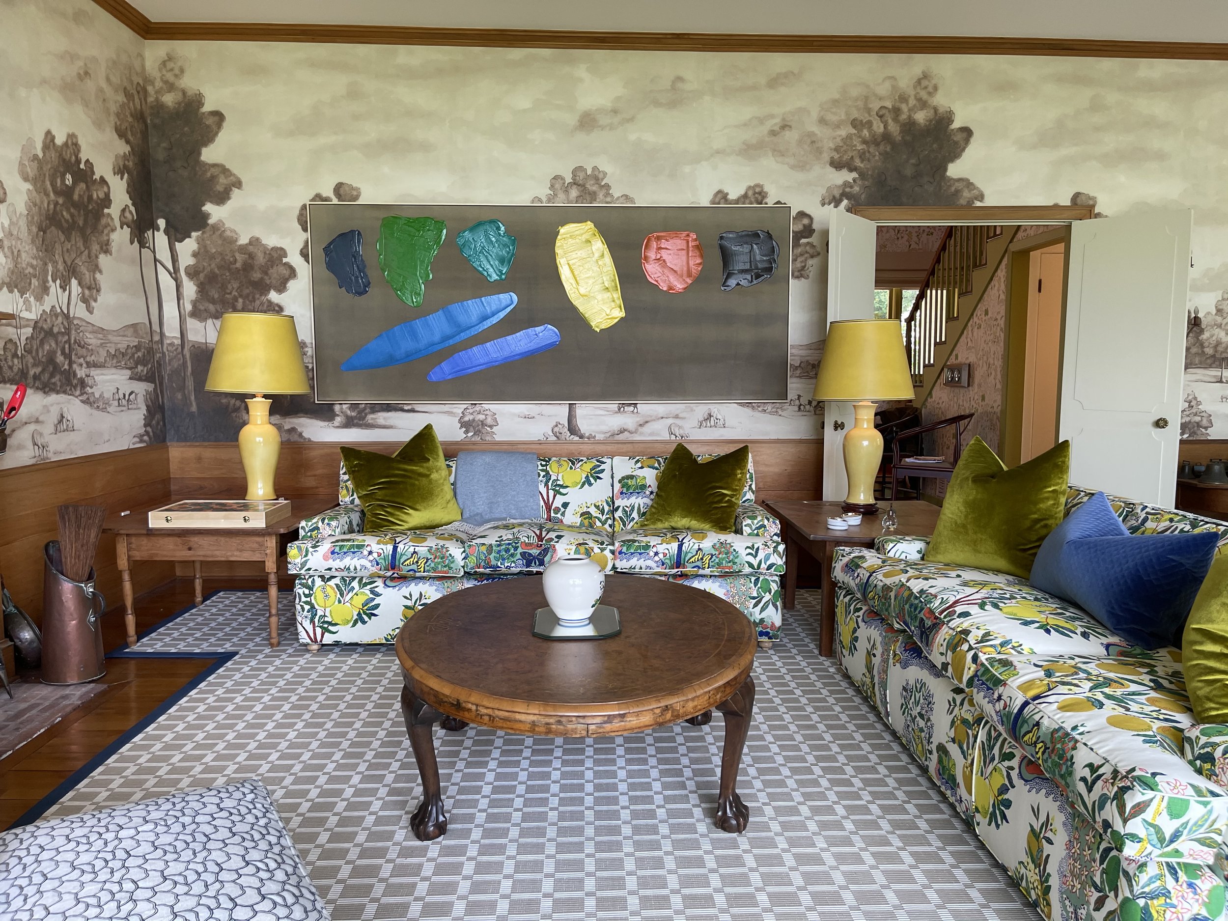 This large Perehudoff painting fits perfectly into this eclectic home in Knowlton. Photo credit to Luke Havekes Design