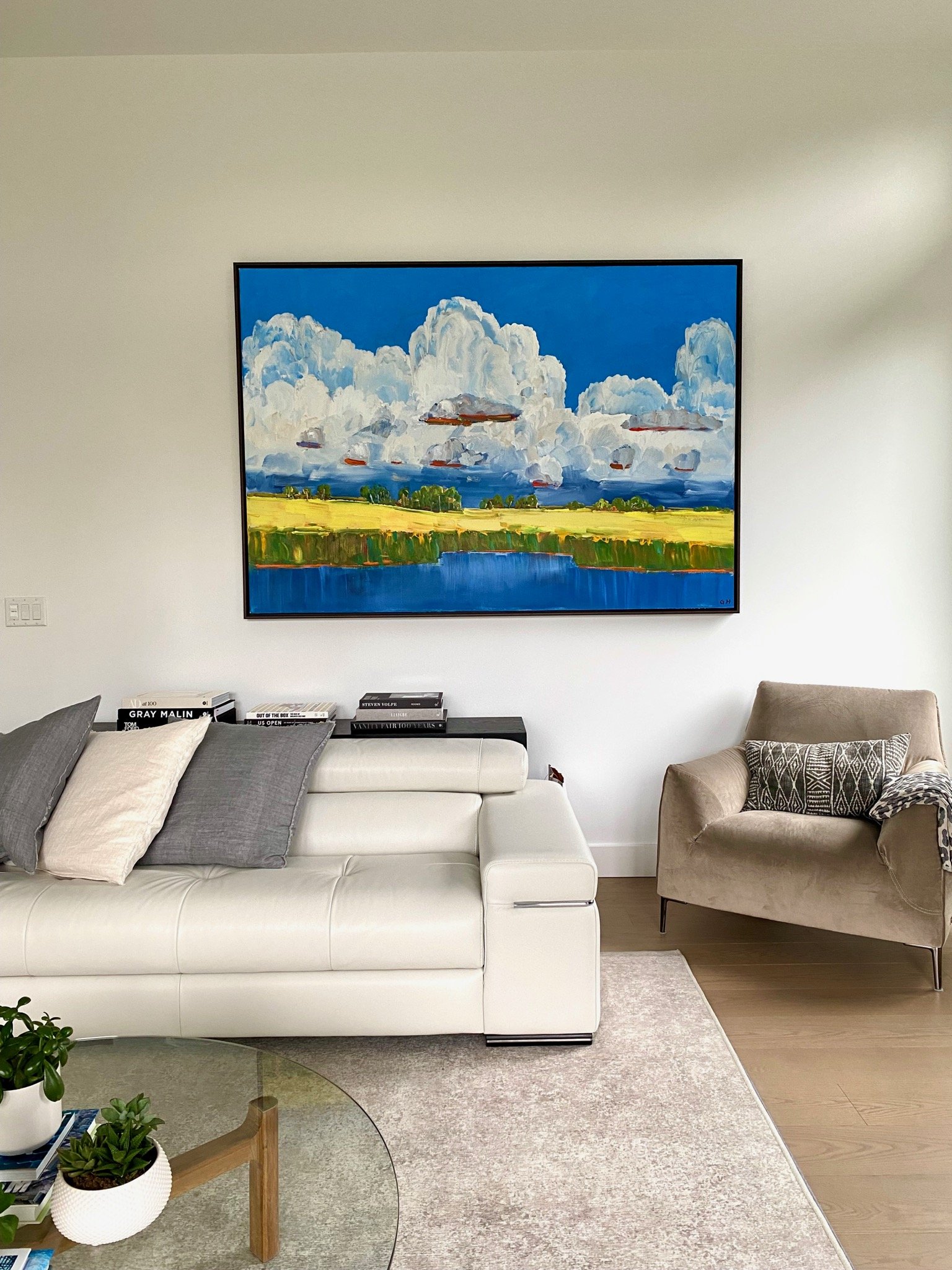 "Reeds" by Gregory Hardy featured in this cozy space in Northern Vancouver