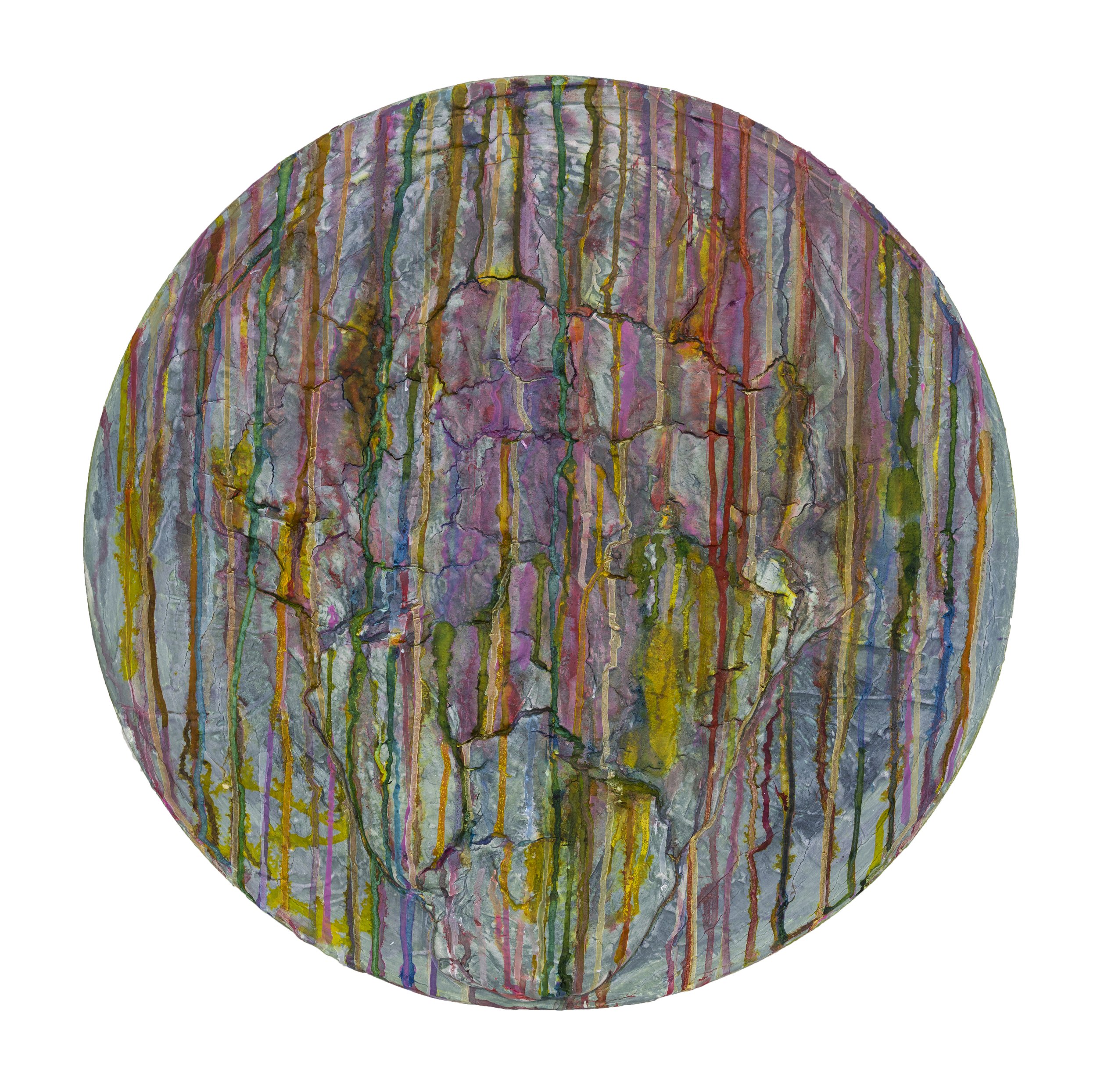 Dreamcatcher Series #1, 2023, 24 inch diameter, plaster, acrylic paint, and ink on canvas 
